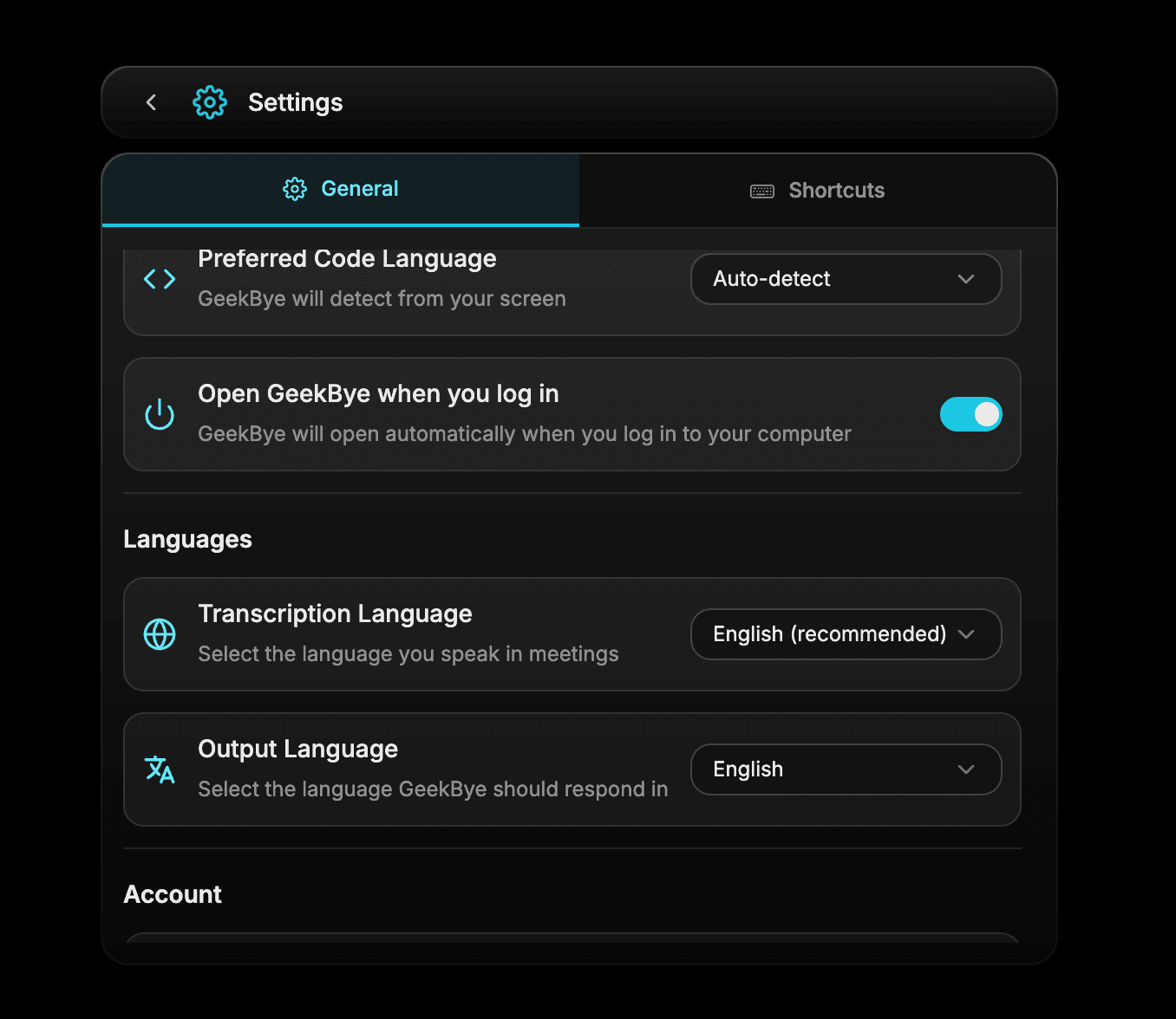 Příklad obrazovky Settings s předvolbami spuštění, jazyka přepisu a jazyka odpovědí.