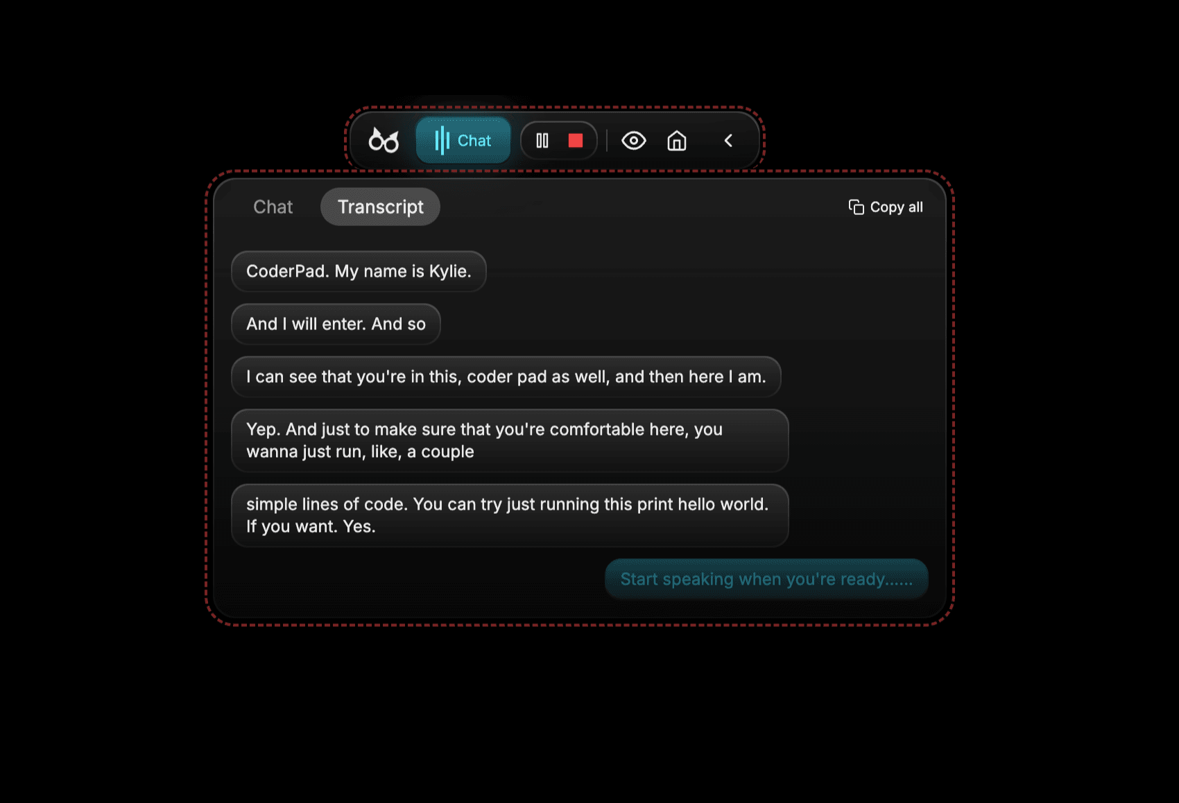 An example live transcript with recording controls above it.