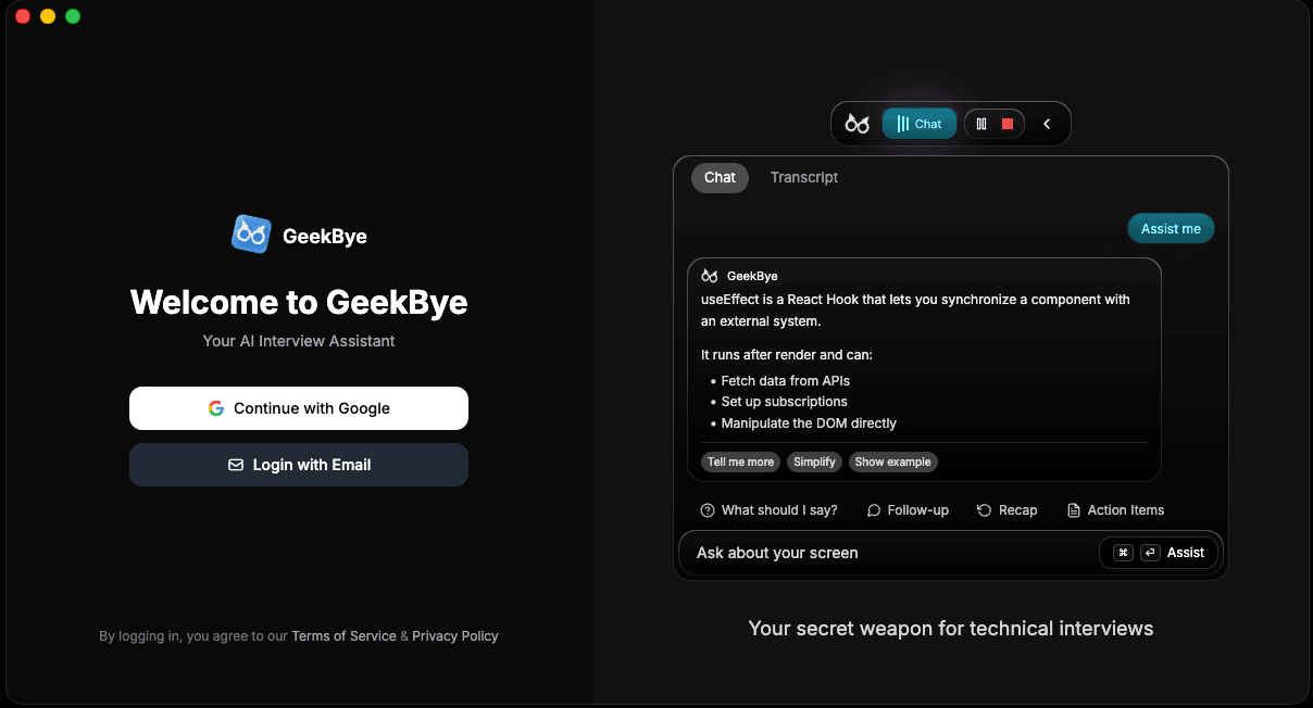 Pantalla de inicio de sesión de GeekBye con las opciones de Google y correo electrónico