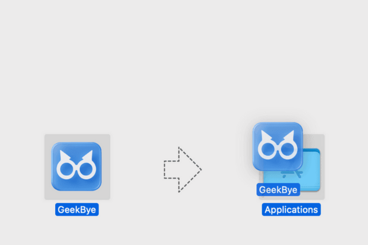 Arrastrando el icono de la aplicación GeekBye a la carpeta Aplicaciones de macOS