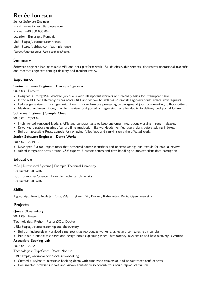 Første side af det fiktive CV-eksempel med skabelonen Kompakt til erhvervslivet