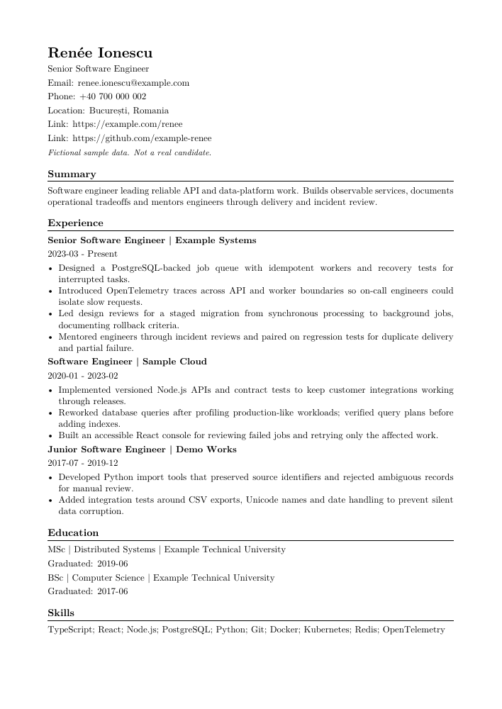 Første side af det fiktive CV-eksempel med skabelonen Udvidet til erfarne kandidater