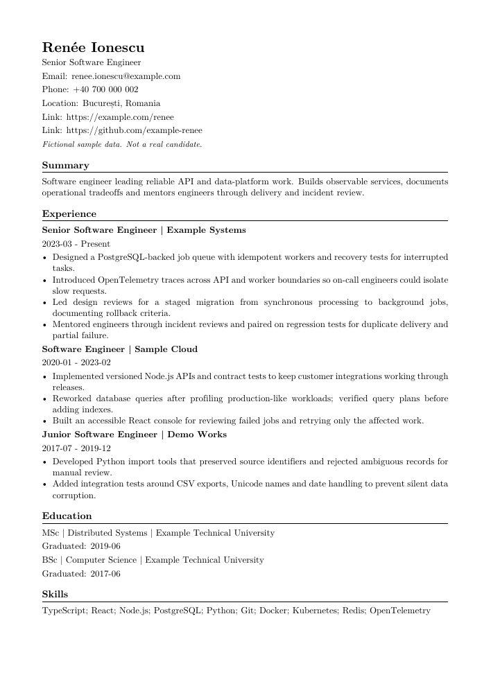 Første side af det fiktive CV-eksempel med skabelonen Inspireret af akademiske CV’er