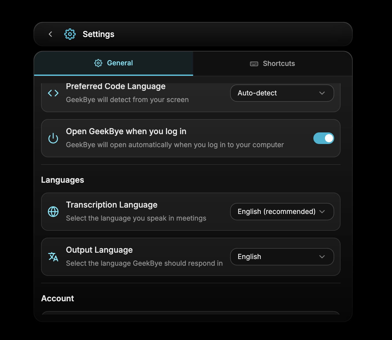 GeekBye Settings panel showing Language configuration options