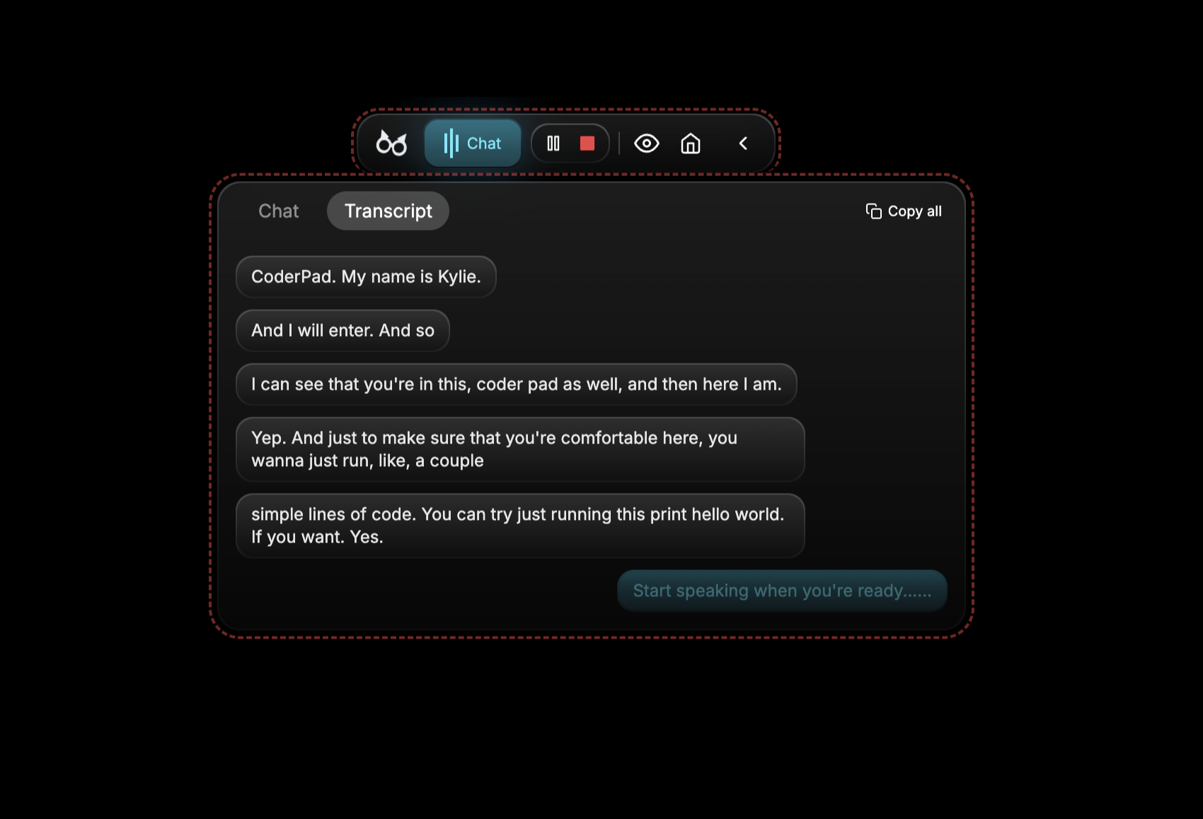 GeekBye Listen feature showing real-time transcript