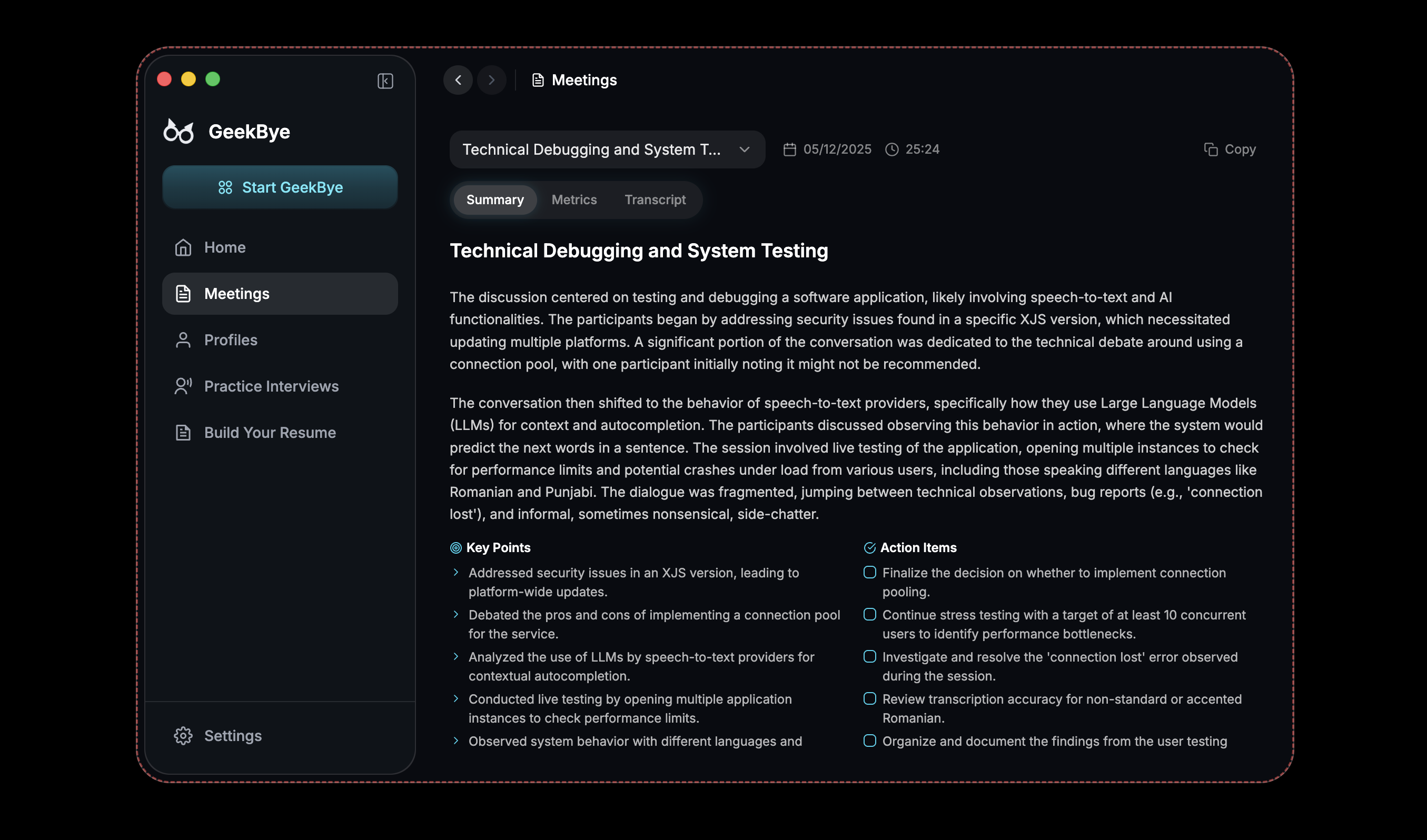 GeekBye session insights with AI-generated summary
