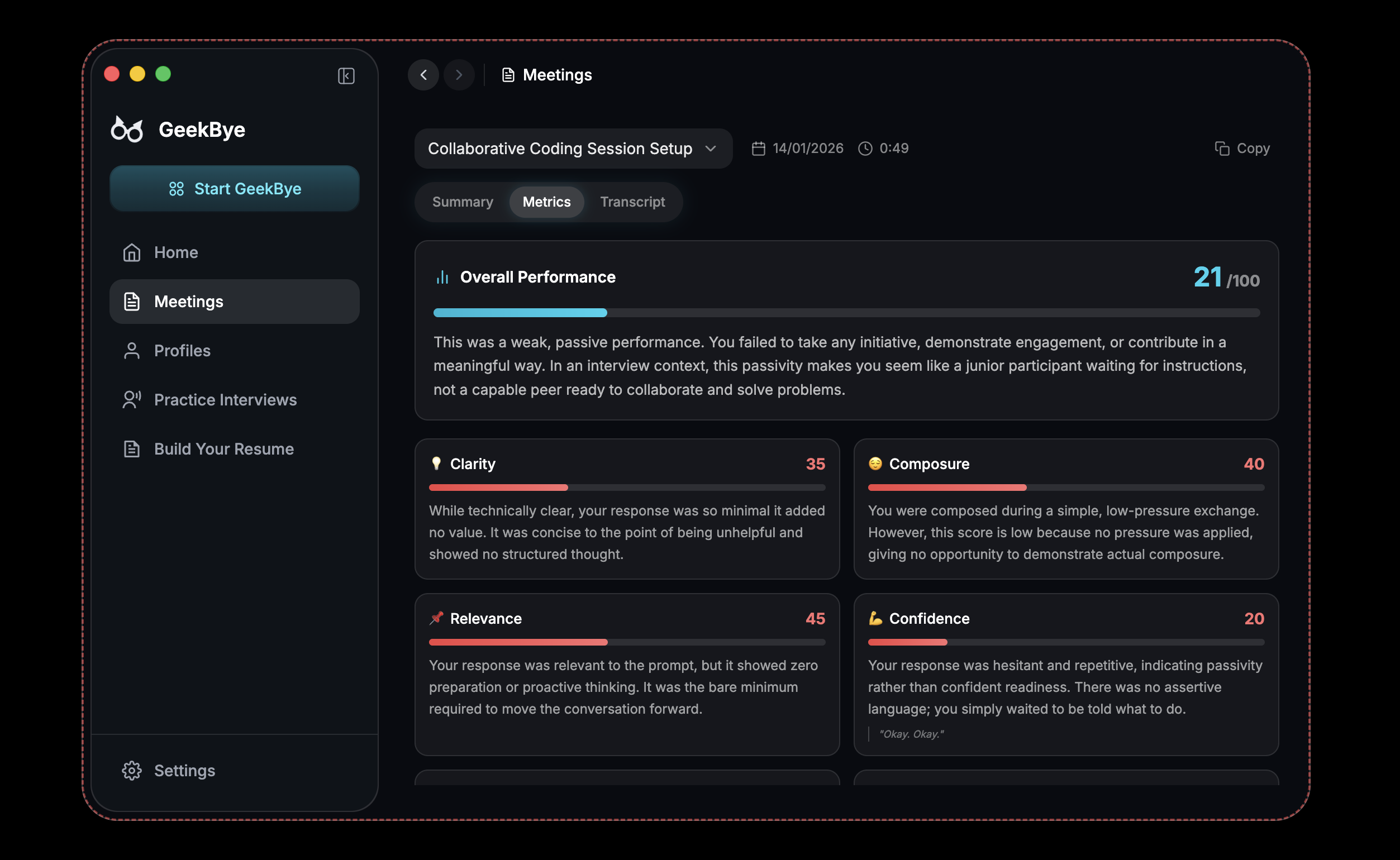GeekBye Metrics Tab showing performance scores